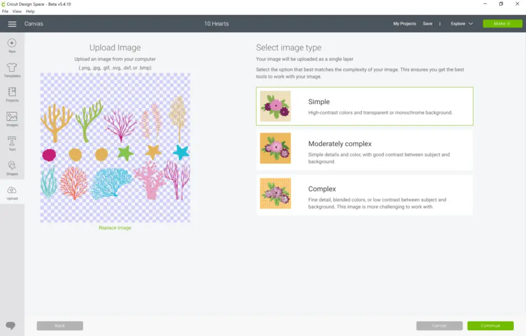 How to change the complexity of a Cut of an uploaded image in Cricut Design Space. 